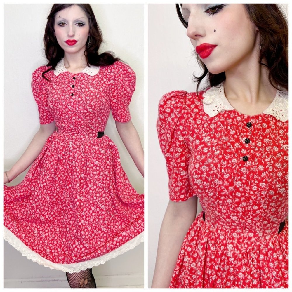 Vintage 70s Prairie Lace Collar Puff Sleeve Floral Dress XS Small Red Peasant